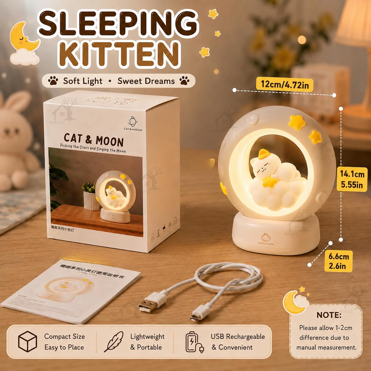 Cat Moon Light For Bedroom Dim Light| 3 Gear Brightness Night Lamp for Kids| Home Decor Gift for Women Girls & Boys| Couple Gift| Love Gift for Her| Decoration Silicone Night Lamp| Cute LED Moon