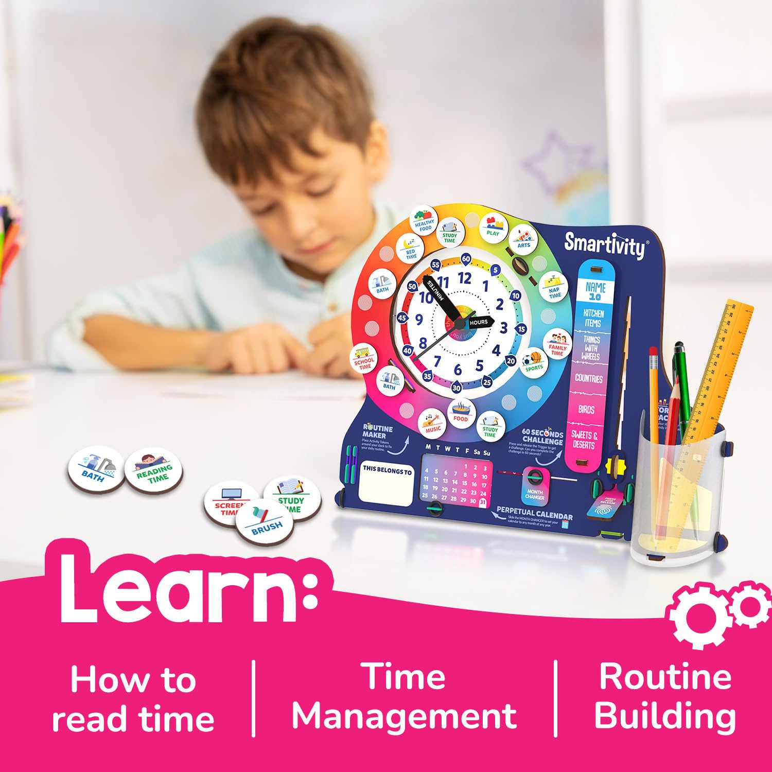 DIY Interactive Clock with Stationary Organiser  | Features an Infinity Calendar | Birthday Gift for Boys & Girls | Educational Toy for 6-12 Years