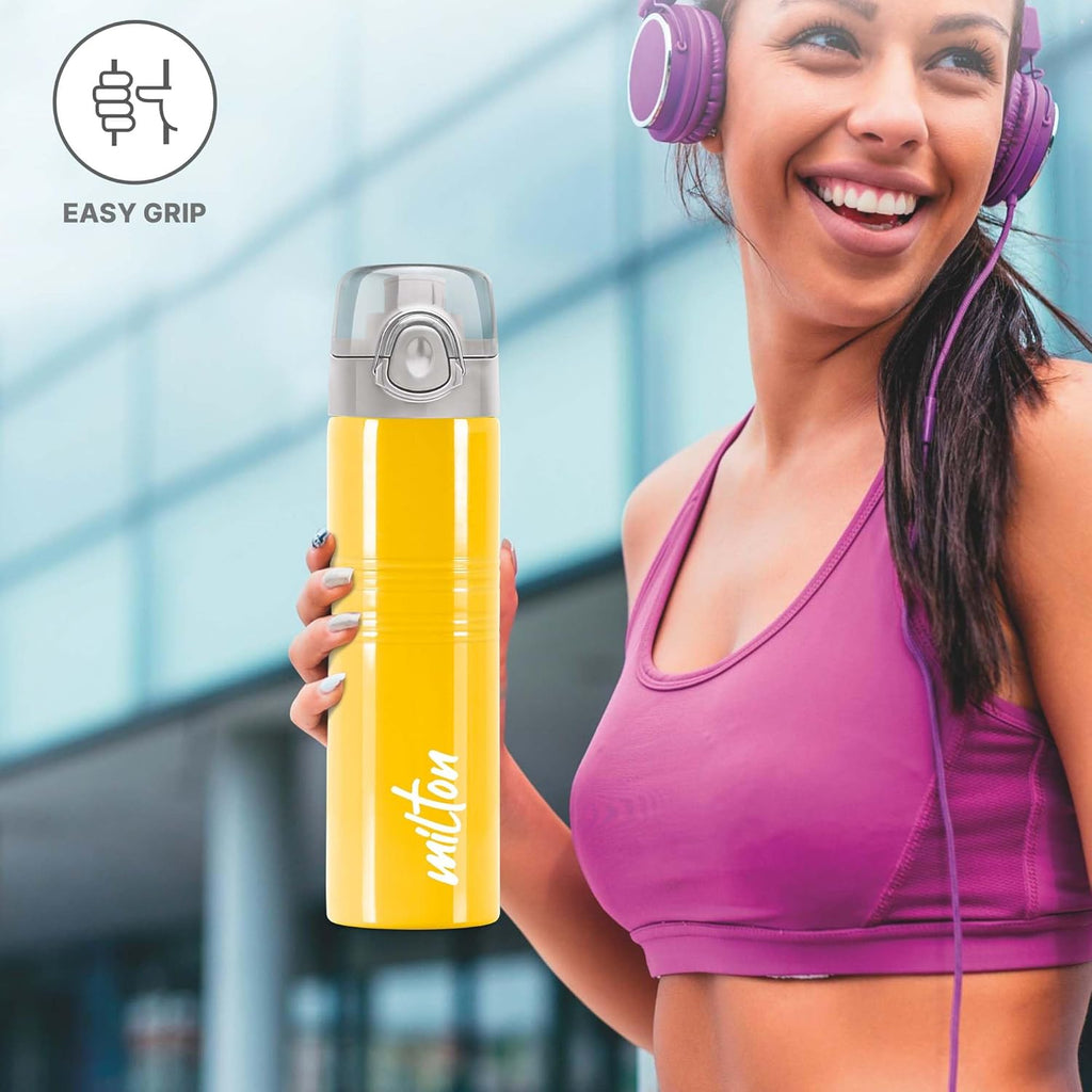 Milton Vogue 750 Stainless Steel Water Bottle with One Touch Safety Lock, 750 ml Water Bottles, Single Walled, Leak-Proof, Travel Bottle, Yellow