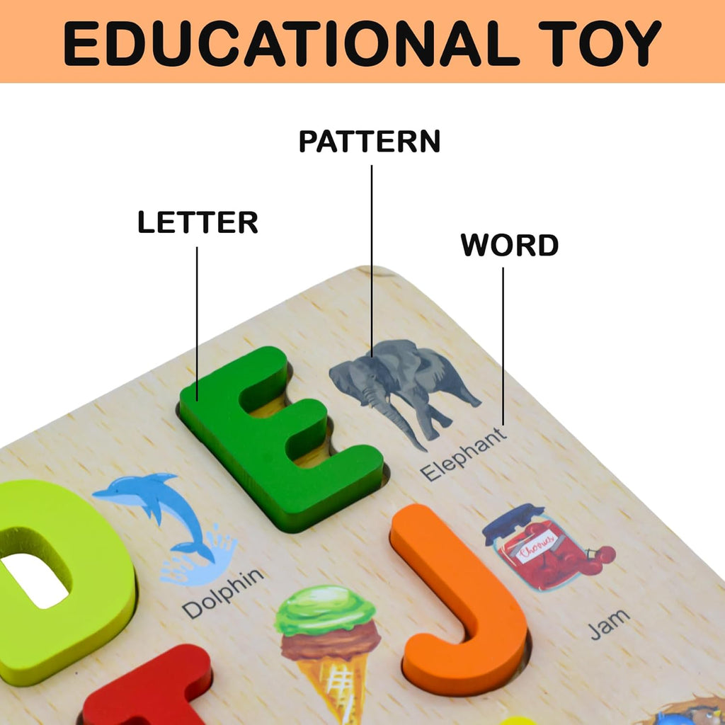 3D Wooden Capital Alphabet Puzzles with Pictures for Children, montessori educational learning letters puzzle board toy- Multi color