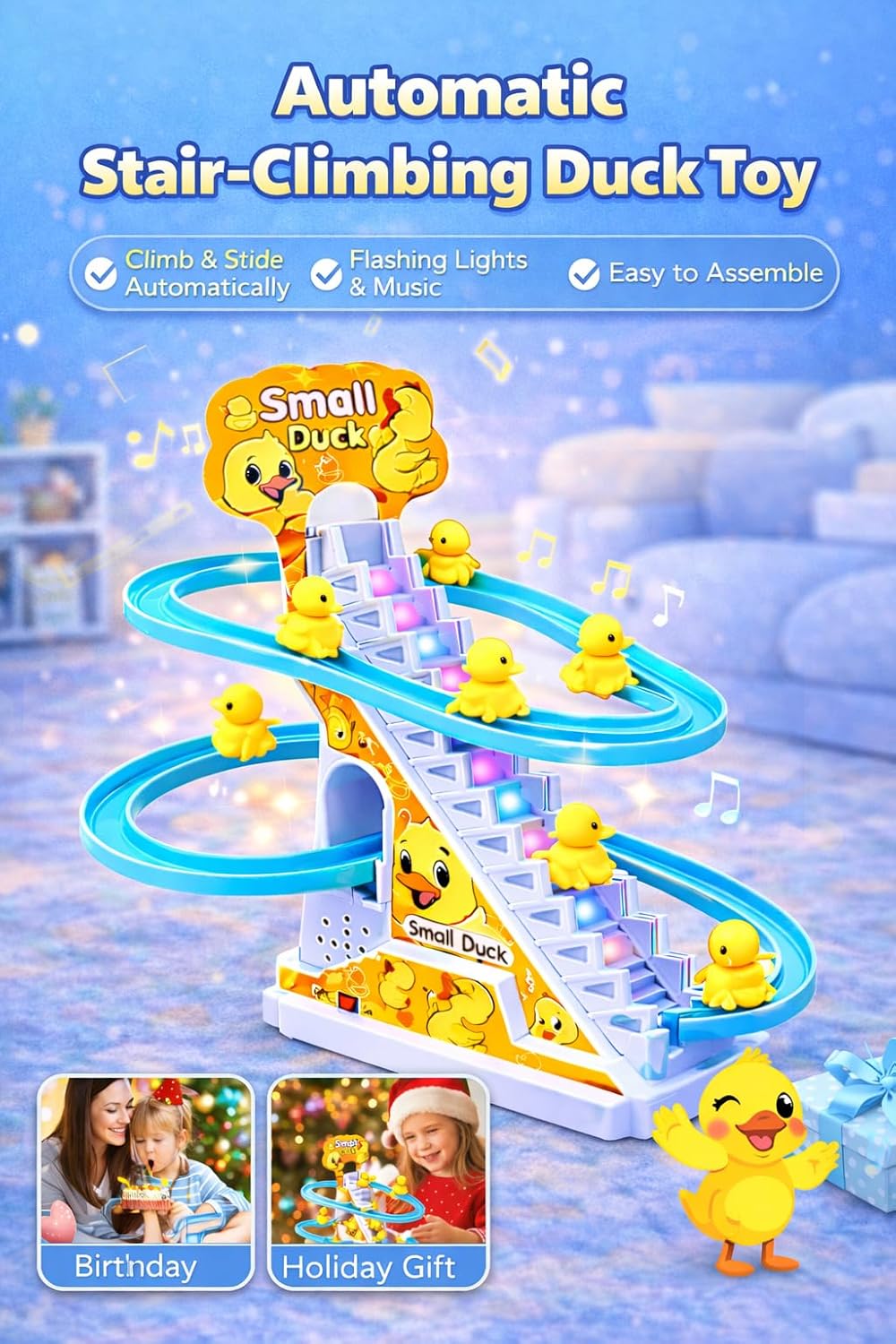 Slide Toy Race Duck Track Set, Funny Automatic Stair-Climbing Ducklings Cartoon Roller Coaster Escalator Toy with Flashing Lights & Music