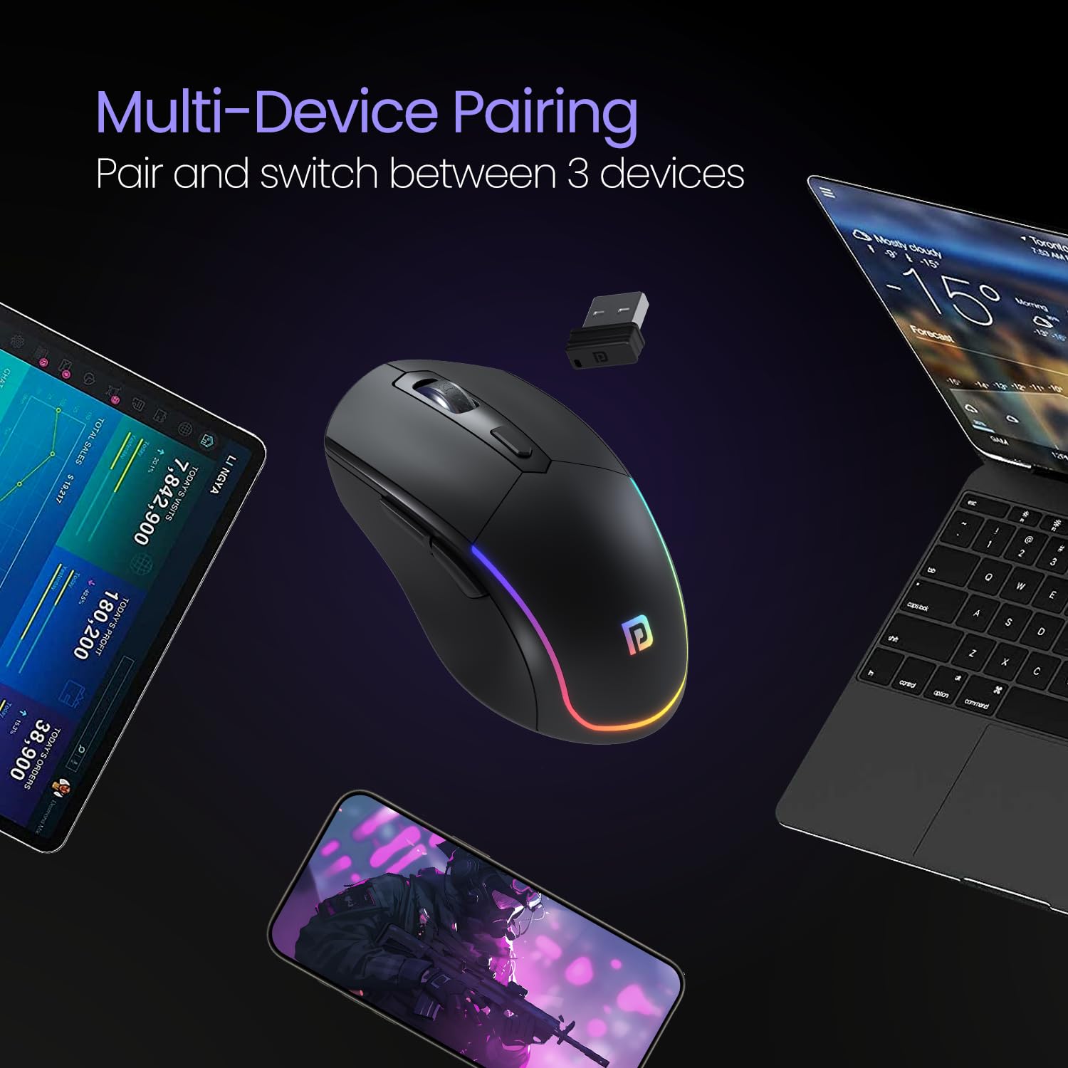 Portronics Toad One Bluetooth Mouse with 2.4 GHz & BT 5.3 Dual Wireless,Design for Laptop, Smartphone, Tablet (Black)