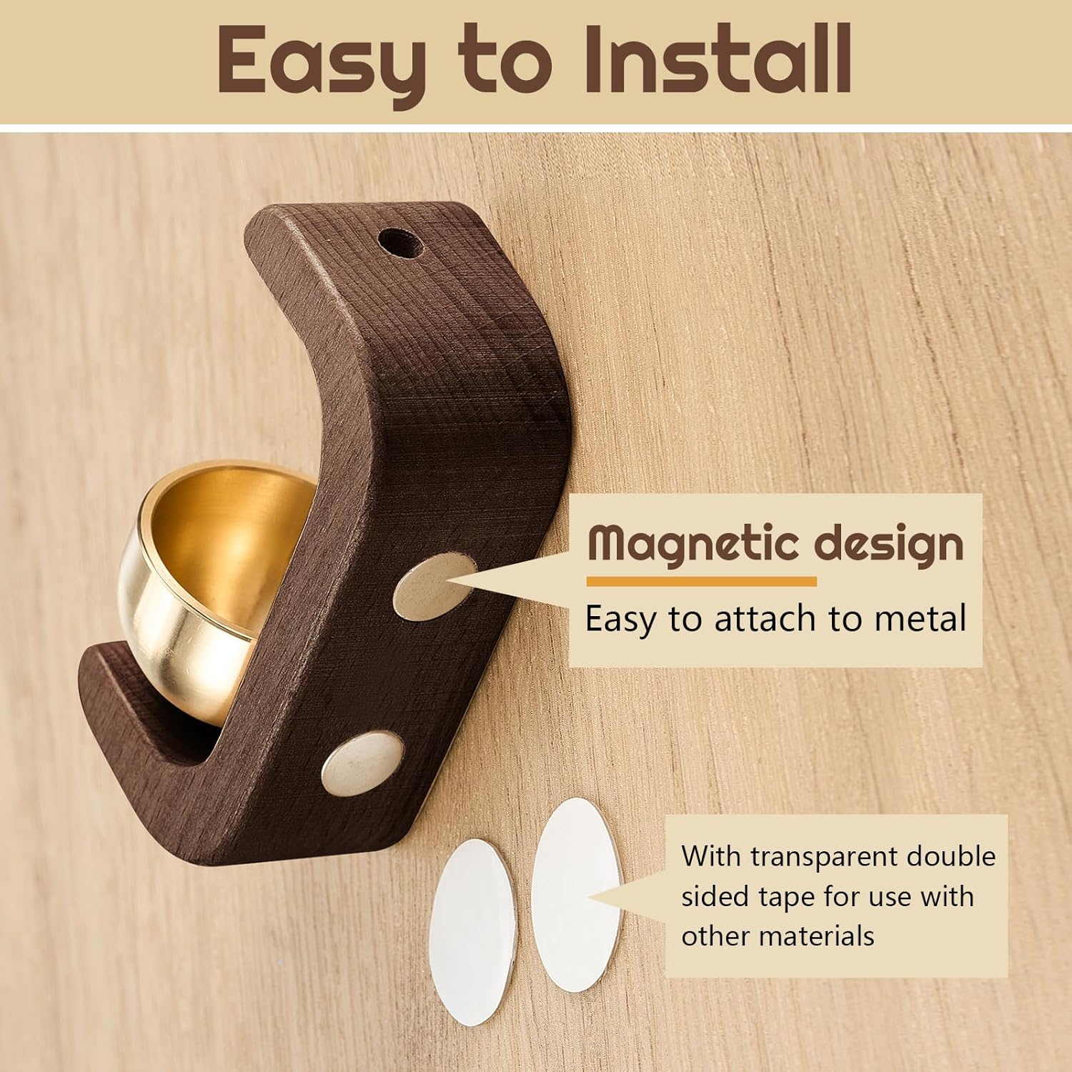 2 Pcs Magnetic Wooden Wind Chime Doorbell Decoration Shopkeepers Bell for Door Opening C Shape for Housewarming Gift Refrigerator Room Garden Restaurant (Black Walnut)