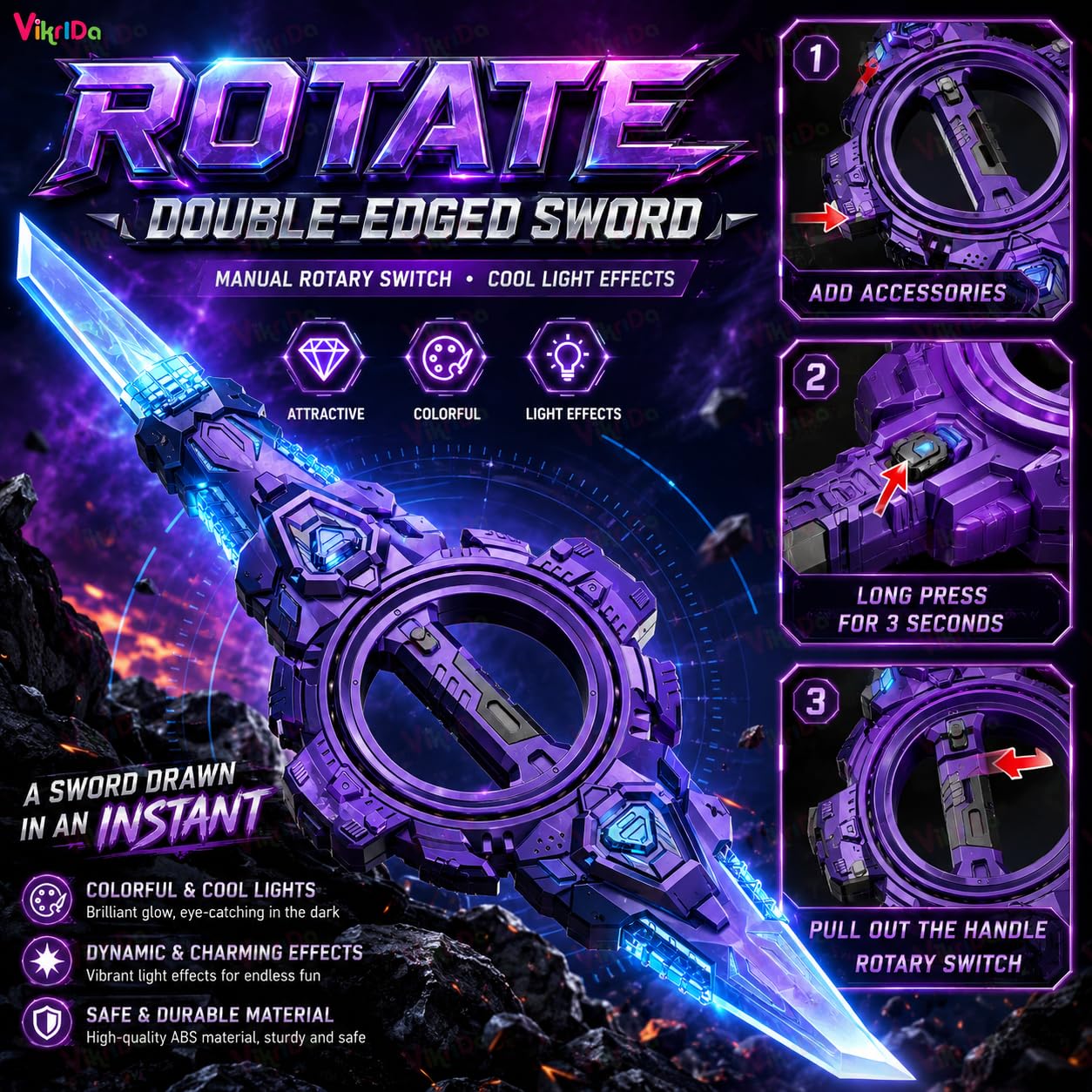 Retractable Double-Edged LED Light Sword for Kids | Telescopic Expandable Spinning Sword with FX Sound & Multi-Color Lights | USB Type-C Rechargeable Role Play Toy (Cable Not Included)