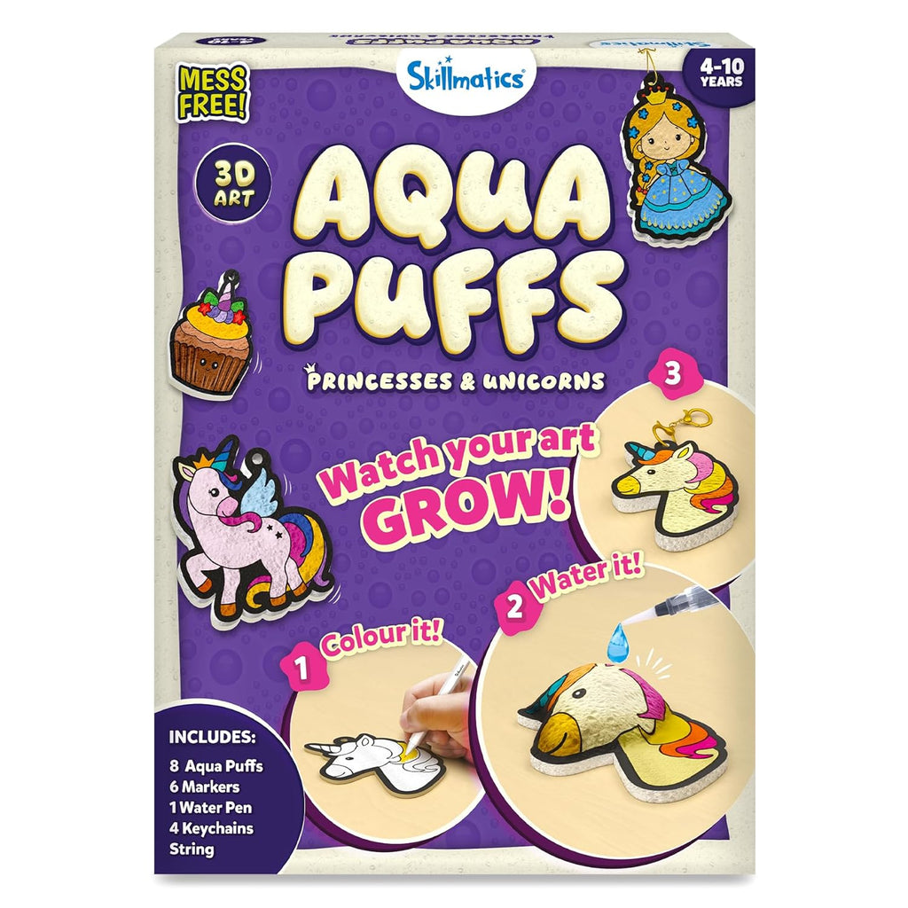 Skillmatics 3D Art Kit - Aqua Puffs Princesses & Unicorns, Mess-Free Painting Craft for Kids, DIY Colour & Inflate Activity, Travel Toys & Creative Gifts for Girls & Boys Ages 4, 5, 6, 7, 8, 9, 10