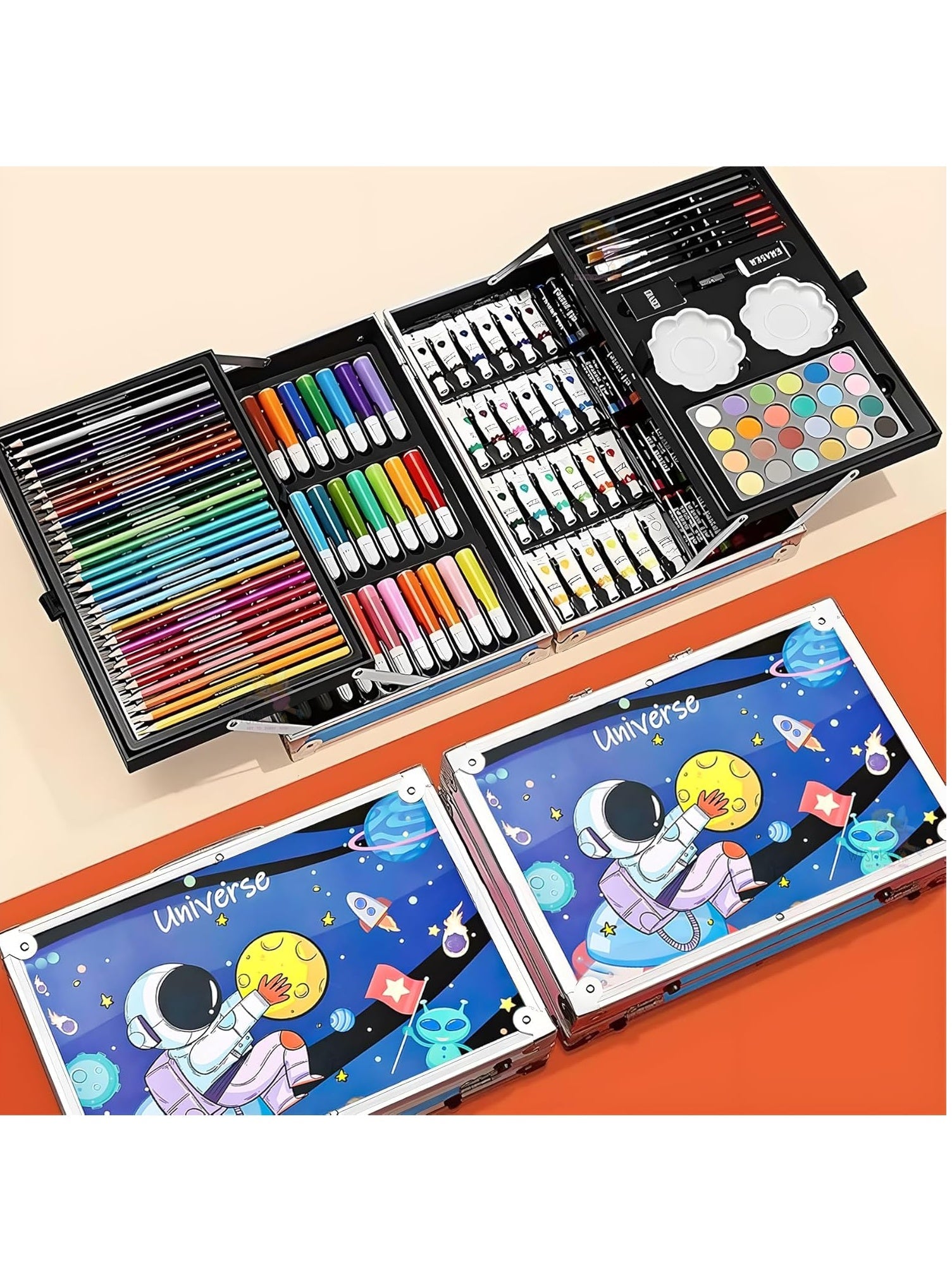 Space Theme 145 Pieces Art Set for Kids with Space Theme Storage Case, Art and Craft Supplies Kit for Drawing and Painting with Oil Pastel, Water Color, Color Pencils, Sketch Pen