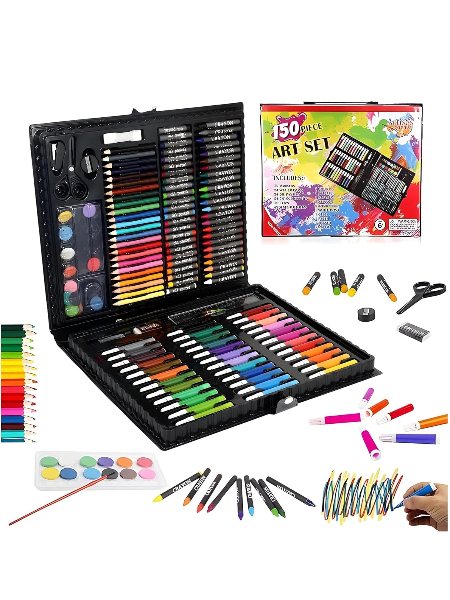 150 Pieces Art Set for Kids with Case, Art and Craft Supplies Kit for Drawing and Painting, Color Set with Markers, Water Colors, Brush, Color Pencils, Crayons