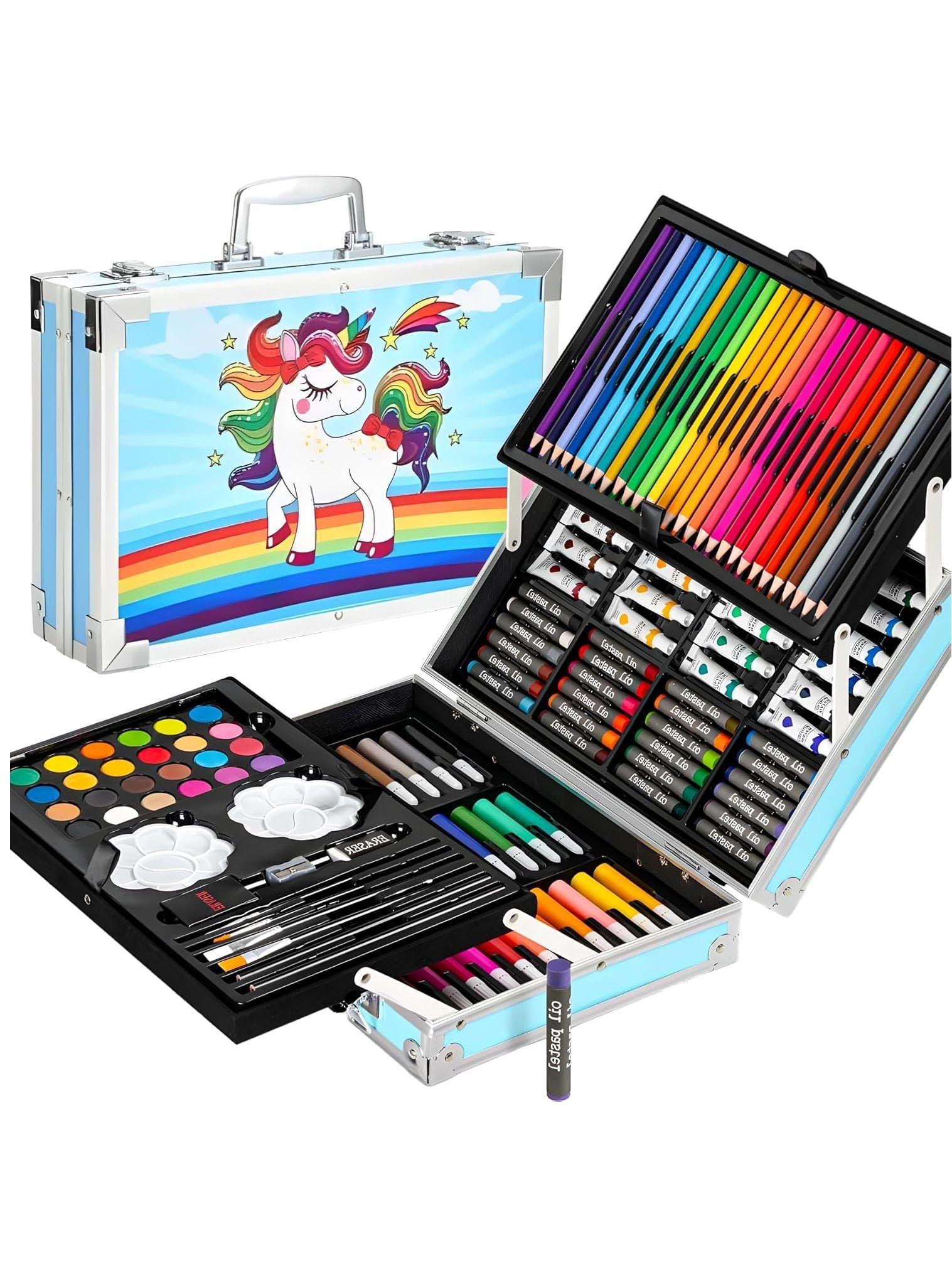145 Pieces Art Set for Kids with Unicorn Theme Storage Case, Art and Craft Supplies Kit for Drawing and Painting with Oil Pastel, Water Color, Color Pencils, Sketch Pen (Pack of 1, Blue)