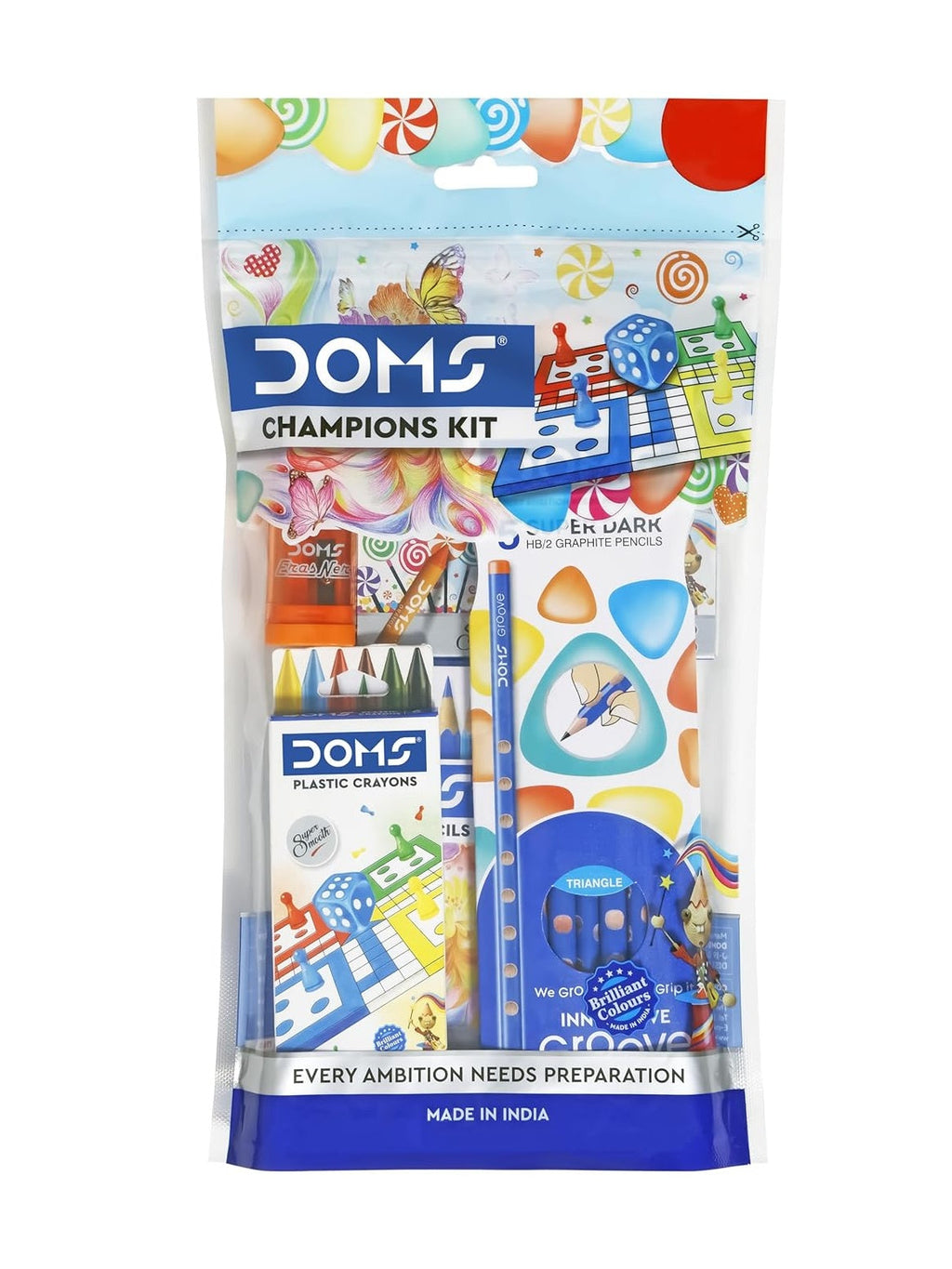 Doms Champions Kit | Perfect Value Pack | Kit for School Essentials | Gifting Range for Kids | Combination of 6 Stationery Items | Pack of 1