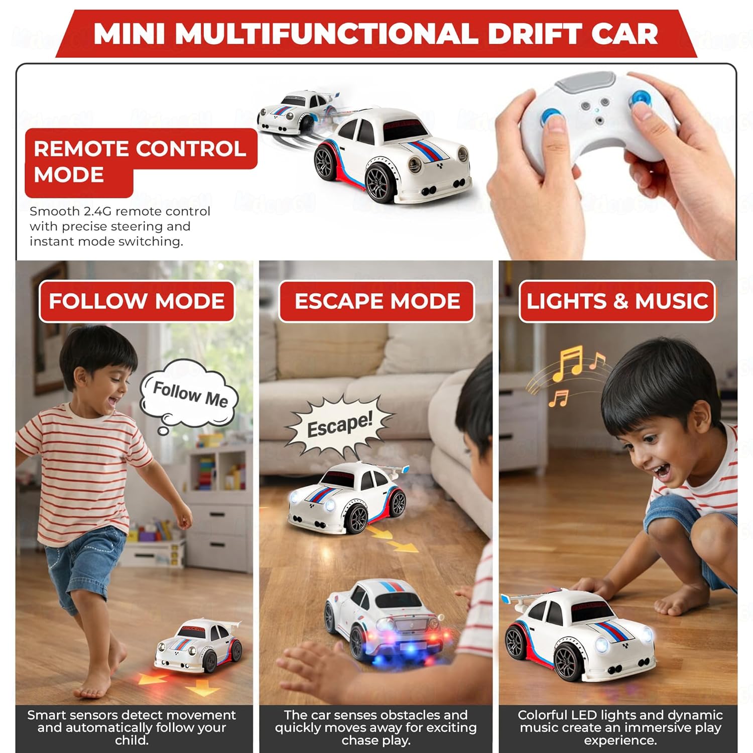 Mini RC Drift Car for Kids | 360° Drift & Stunt, LED Lights, Sound Effects, Follow Me Mode, Escape Mode| Gift for Boys & Girls