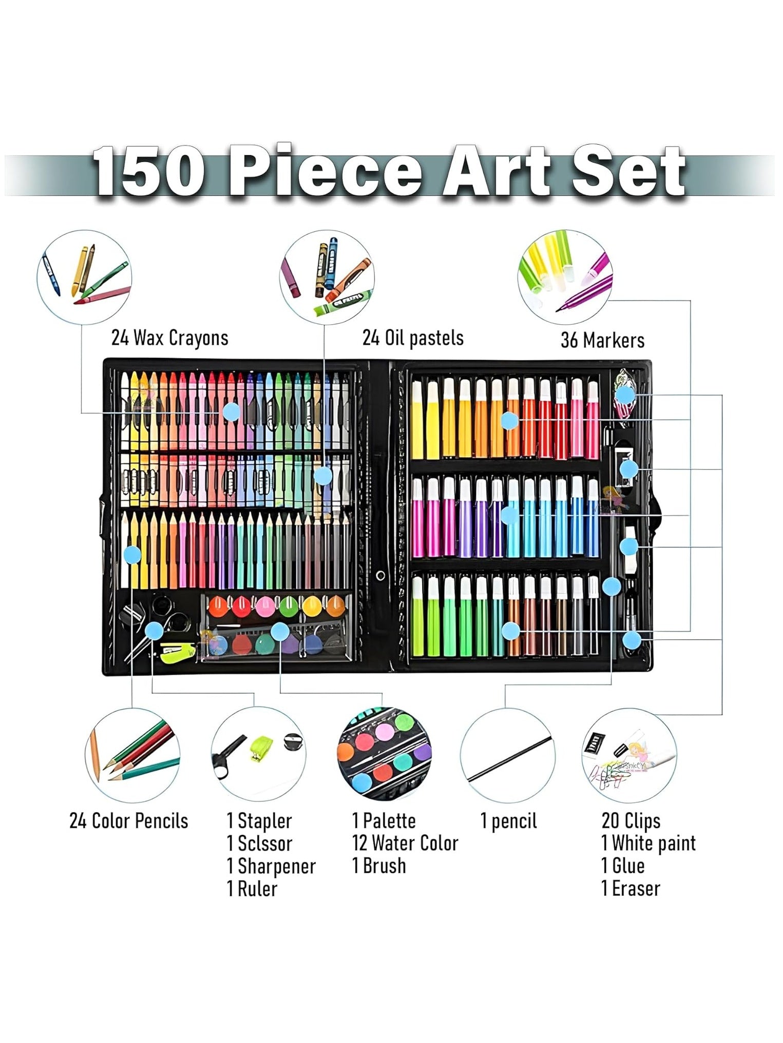 150 Pieces Art Set for Kids with Case, Art and Craft Supplies Kit for Drawing and Painting, Color Set with Markers, Water Colors, Brush, Color Pencils, Crayons