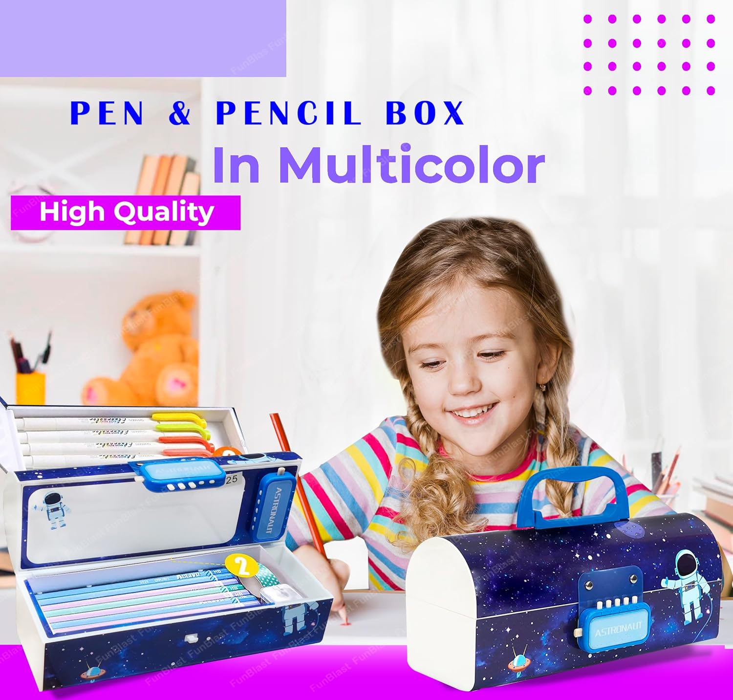 Astronaut Kids Pen & Pencil Box Suitcase Style Password Lock Multi-Layer Pencil Box For Boys, Girls, Return Gift For Kids