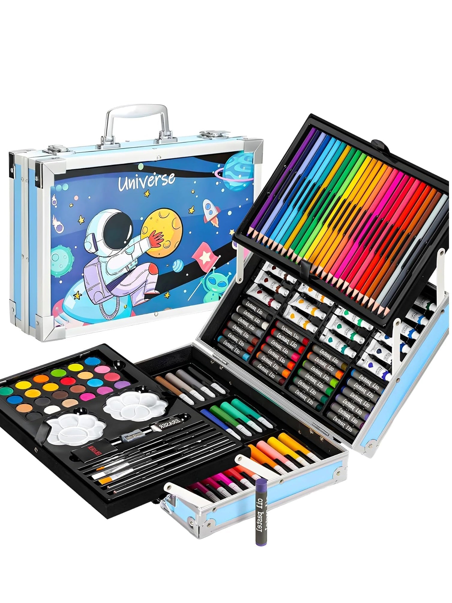 Space Theme 145 Pieces Art Set for Kids with Space Theme Storage Case, Art and Craft Supplies Kit for Drawing and Painting with Oil Pastel, Water Color, Color Pencils, Sketch Pen