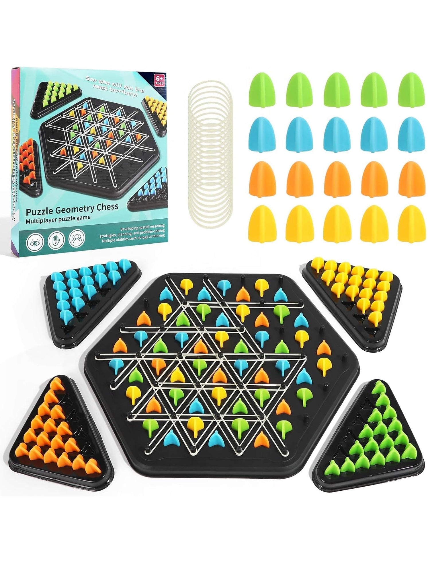 Chain Triangle Chess Game | Triggle Rubber Band Strategy Board Game for Family & Kids, 2–4 Players| 6+