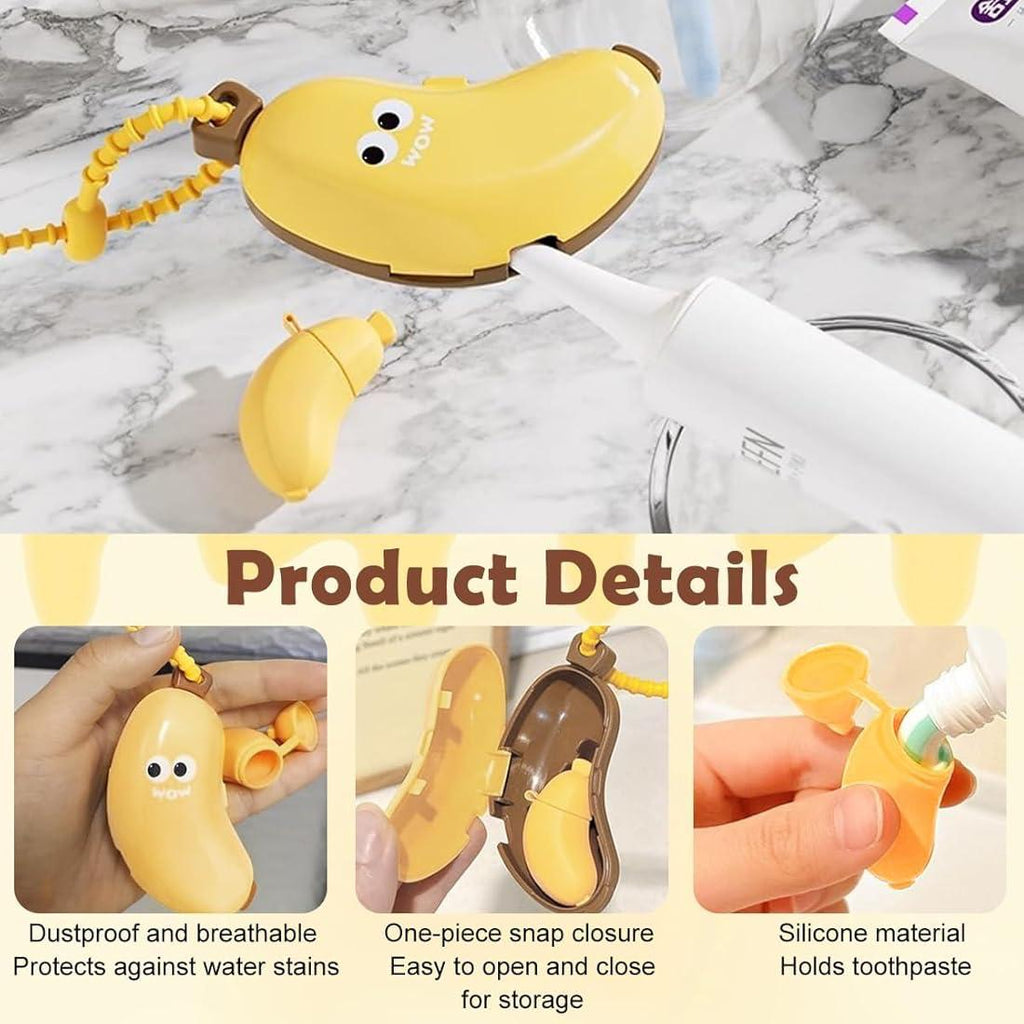 Banana Shape Toothbrush Holder with Silicone Toothpaste Holder for Kids | BPA-Free, Dustproof & Travel-Friendly Toothbrush Caps | Cute Bathroom Organizer for Toddlers & Children 1pc