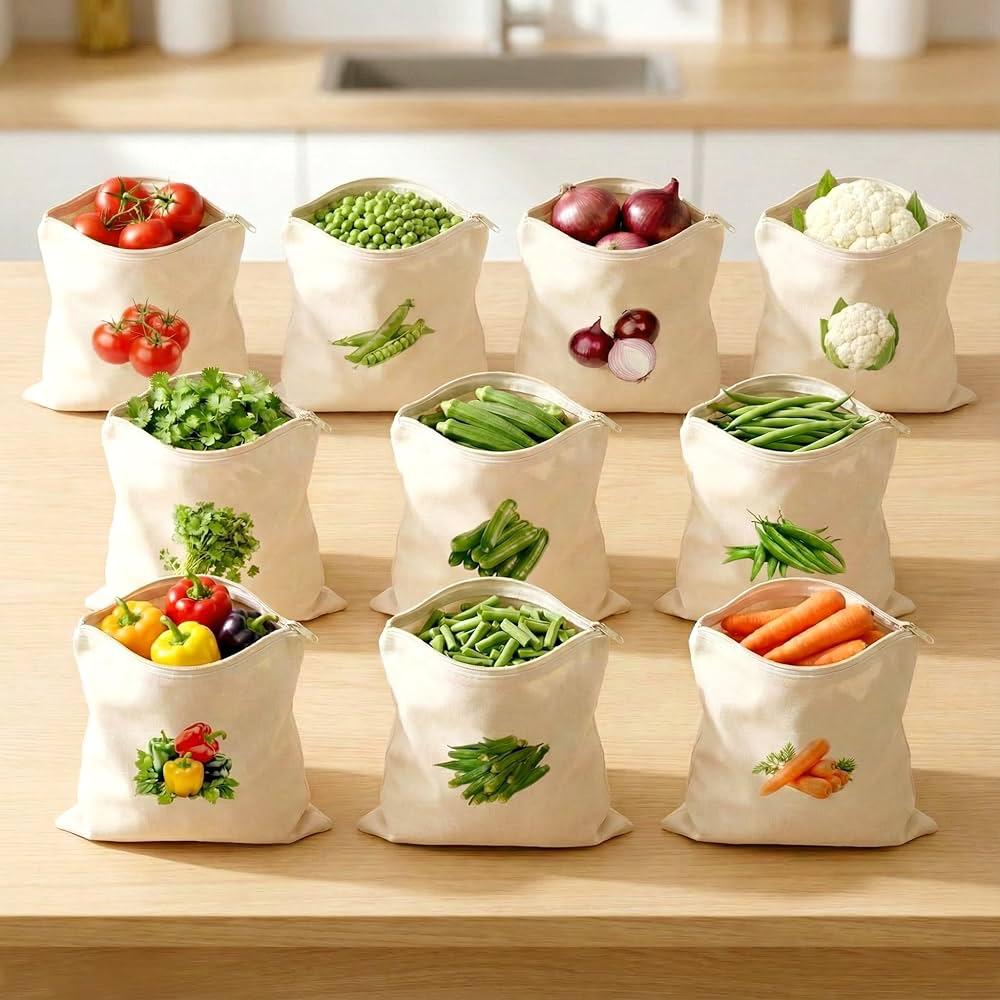 100% Cotton Reusable Vegetable Bags for Fridge | Eco-friendly Storage Bags for Kitchen Organizer | 10 Pcs | Washable Breathable Zipper Cloth Bags for Vegetables