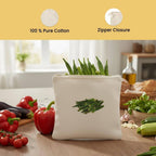 100% Cotton Reusable Vegetable Bags for Fridge | Eco-friendly Storage Bags for Kitchen Organizer | 10 Pcs | Washable Breathable Zipper Cloth Bags for Vegetables