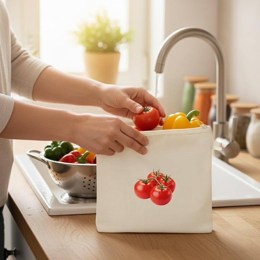 100% Cotton Reusable Vegetable Bags for Fridge | Eco-friendly Storage Bags for Kitchen Organizer | 10 Pcs | Washable Breathable Zipper Cloth Bags for Vegetables