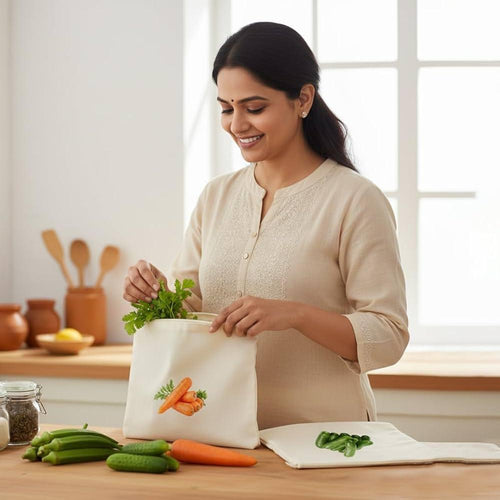 100% Cotton Reusable Vegetable Bags for Fridge | Eco-friendly Storage Bags for Kitchen Organizer | 10 Pcs | Washable Breathable Zipper Cloth Bags for Vegetables