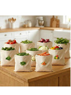 100% Cotton Reusable Vegetable Bags for Fridge | Eco-friendly Storage Bags for Kitchen Organizer | 10 Pcs | Washable Breathable Zipper Cloth Bags for Vegetables