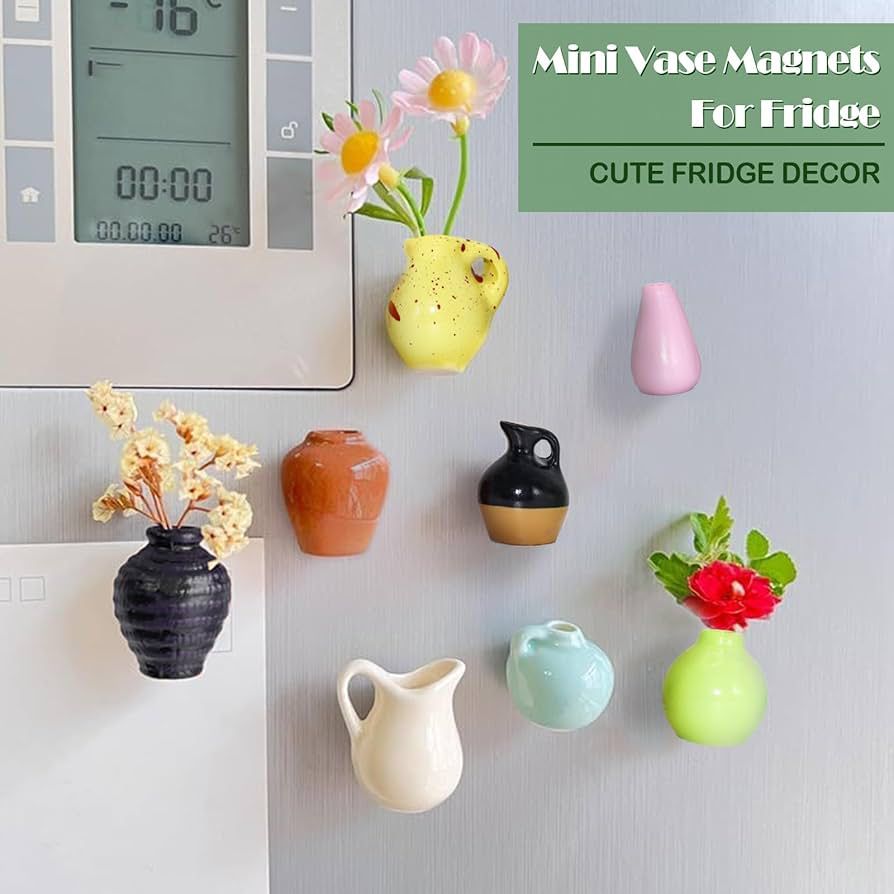8 Pcs Mini Ceramic Vase Fridge Magnets, Mini Vase Fridge Magnets, Mini Vases Fridge Magnet for Refrigerator Door Decoration, Kitchen Layout & Cabinet | 3D Printed Floral Diorama Ornament