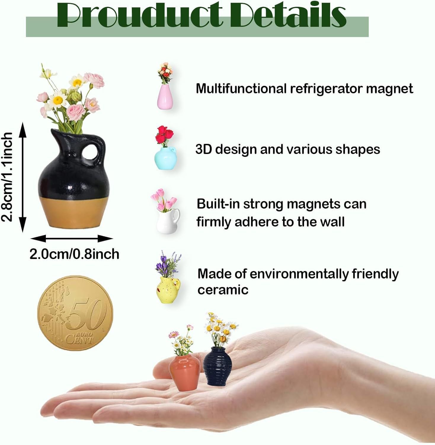 8 Pcs Mini Ceramic Vase Fridge Magnets, Mini Vase Fridge Magnets, Mini Vases Fridge Magnet for Refrigerator Door Decoration, Kitchen Layout & Cabinet | 3D Printed Floral Diorama Ornament
