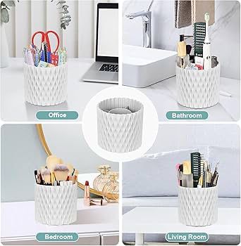 5 Slot Makeup Brush Organizer - 360° Rotating Cosmetic Brushes Storage Case Holder for Women, Girls (White)