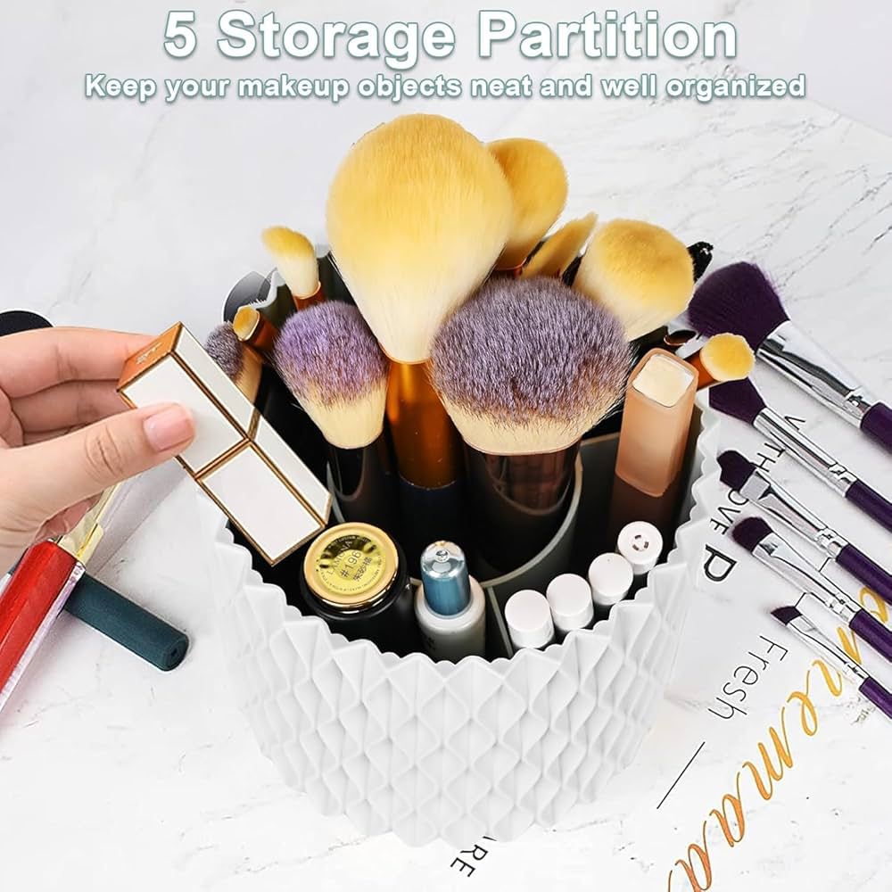 5 Slot Makeup Brush Organizer - 360° Rotating Cosmetic Brushes Storage Case Holder for Women, Girls (White)