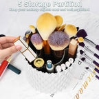 5 Slot Makeup Brush Organizer - 360° Rotating Cosmetic Brushes Storage Case Holder for Women, Girls (White)