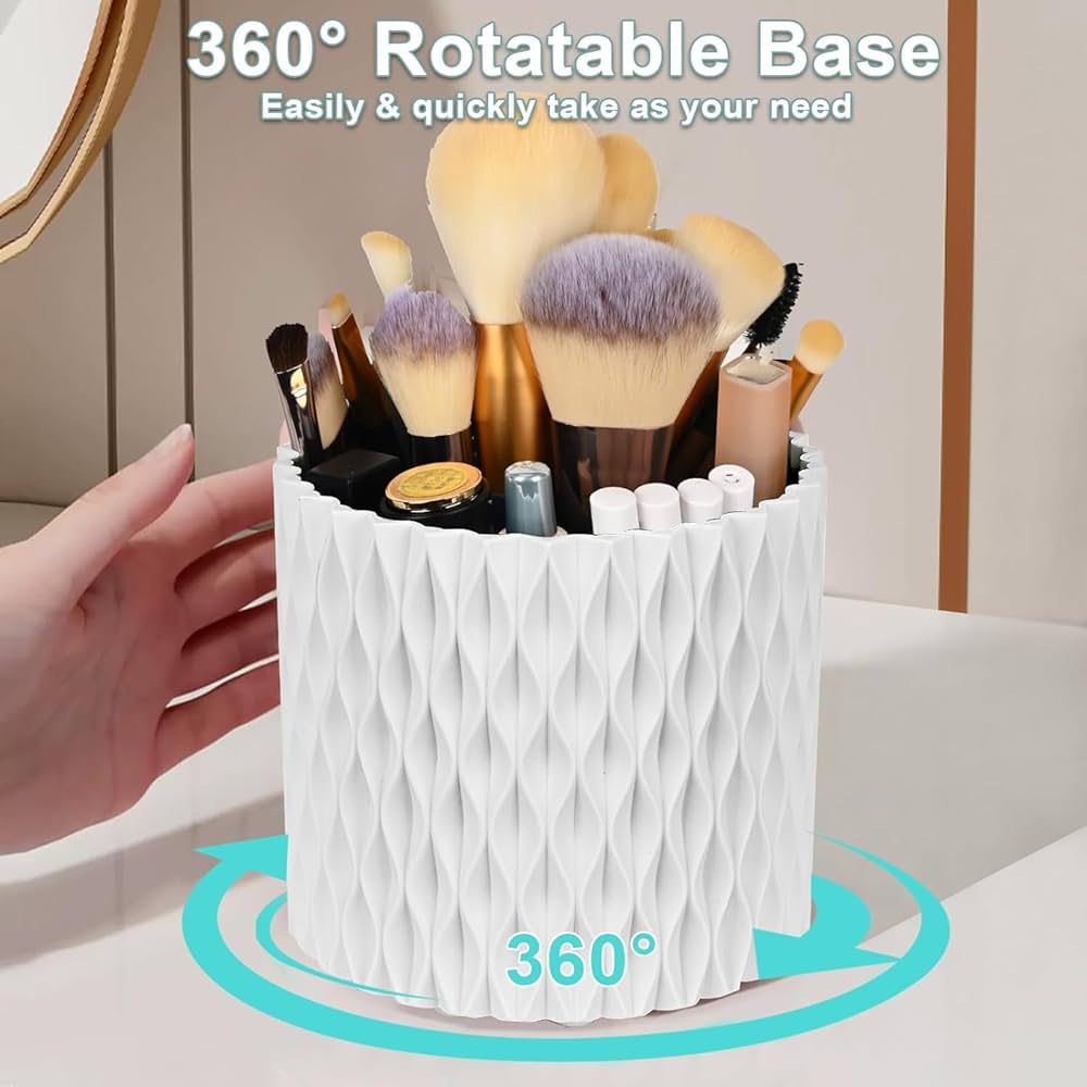 5 Slot Makeup Brush Organizer - 360° Rotating Cosmetic Brushes Storage Case Holder for Women, Girls (White)