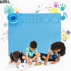 Silicone Painting Mat – Non-Slip, Heat Resistant Art Work Surface with Built-in Cleaning Cup & Color Mixing Plate, Ideal Acrylic, Watercolor (Light Blue)