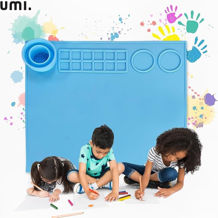 Silicone Painting Mat – Non-Slip, Heat Resistant Art Work Surface with Built-in Cleaning Cup & Color Mixing Plate, Ideal Acrylic, Watercolor (Light Blue)