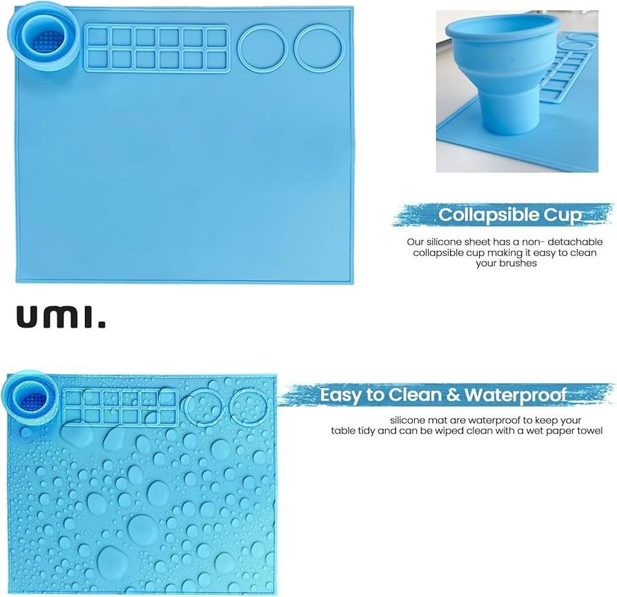 Silicone Painting Mat – Non-Slip, Heat Resistant Art Work Surface with Built-in Cleaning Cup & Color Mixing Plate, Ideal Acrylic, Watercolor (Light Blue)