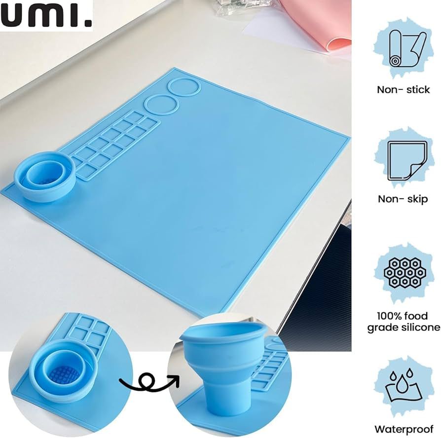Silicone Painting Mat – Non-Slip, Heat Resistant Art Work Surface with Built-in Cleaning Cup & Color Mixing Plate, Ideal Acrylic, Watercolor (Light Blue)