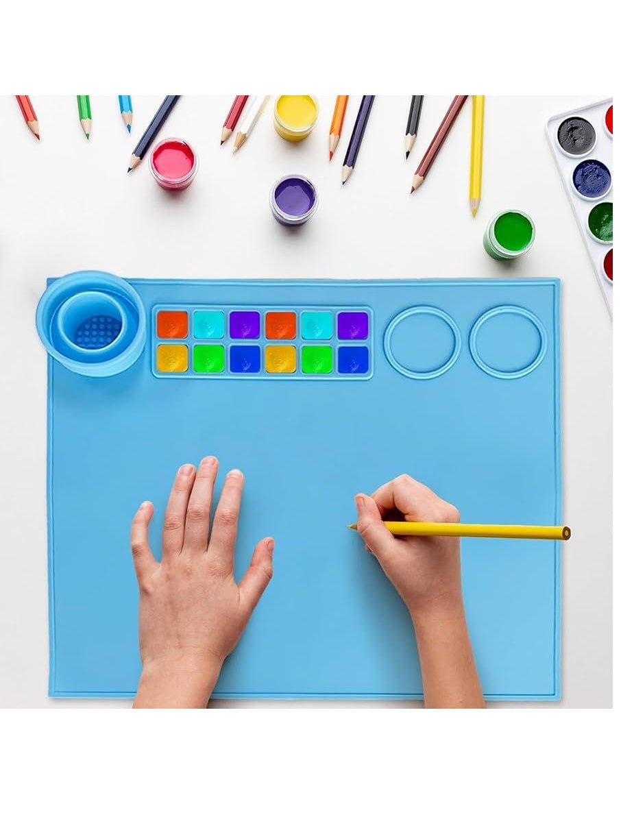 Silicone Painting Mat – Non-Slip, Heat Resistant Art Work Surface with Built-in Cleaning Cup & Color Mixing Plate, Ideal Acrylic, Watercolor (Light Blue)