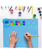 Silicone Painting Mat – Non-Slip, Heat Resistant Art Work Surface with Built-in Cleaning Cup & Color Mixing Plate, Ideal Acrylic, Watercolor (Light Blue)