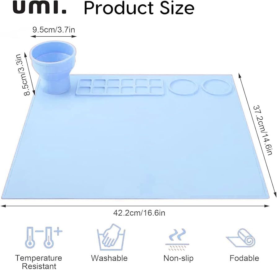 Silicone Painting Mat – Non-Slip, Heat Resistant Art Work Surface with Built-in Cleaning Cup & Color Mixing Plate, Ideal Acrylic, Watercolor (Light Blue)