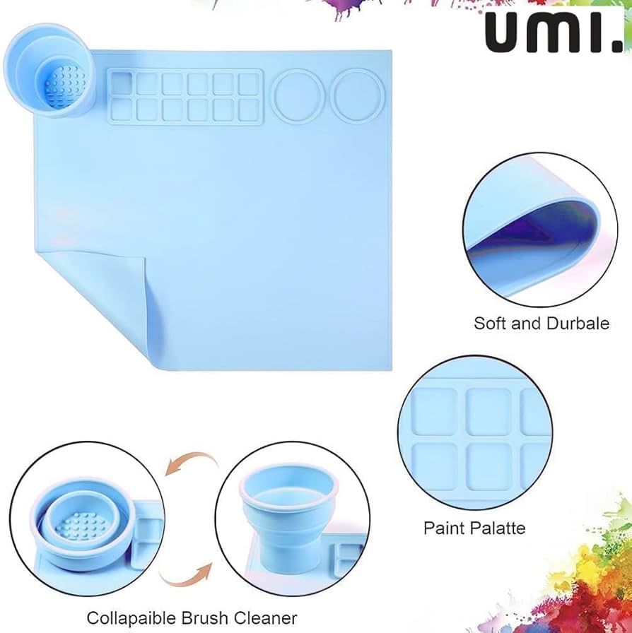 Silicone Painting Mat – Non-Slip, Heat Resistant Art Work Surface with Built-in Cleaning Cup & Color Mixing Plate, Ideal Acrylic, Watercolor (Light Blue)