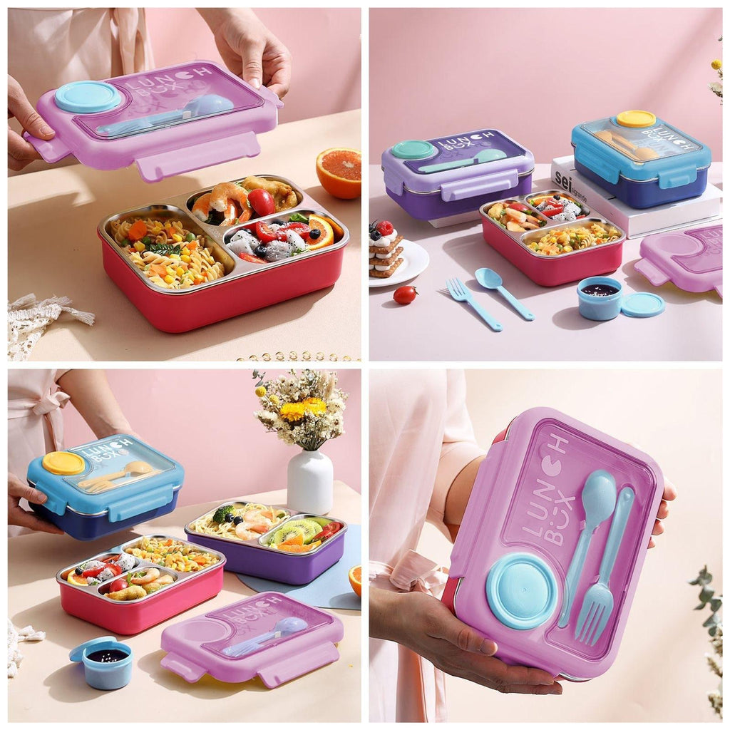 Lunch Box & Sauce Bowl With 2 spoons 3 Containers Lunch Box 3 Containers Stainless Steel School Lunch Box (750 ml)