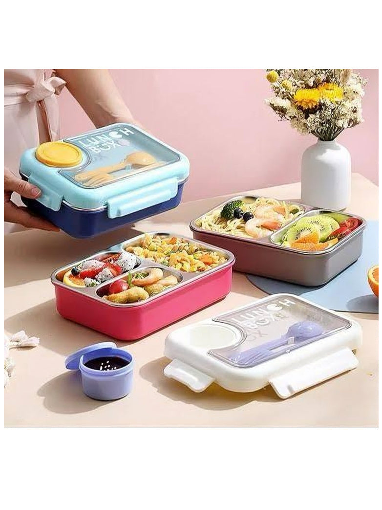 Lunch Box & Sauce Bowl With 2 spoons 3 Containers Lunch Box 3 Containers Stainless Steel School Lunch Box (750 ml)
