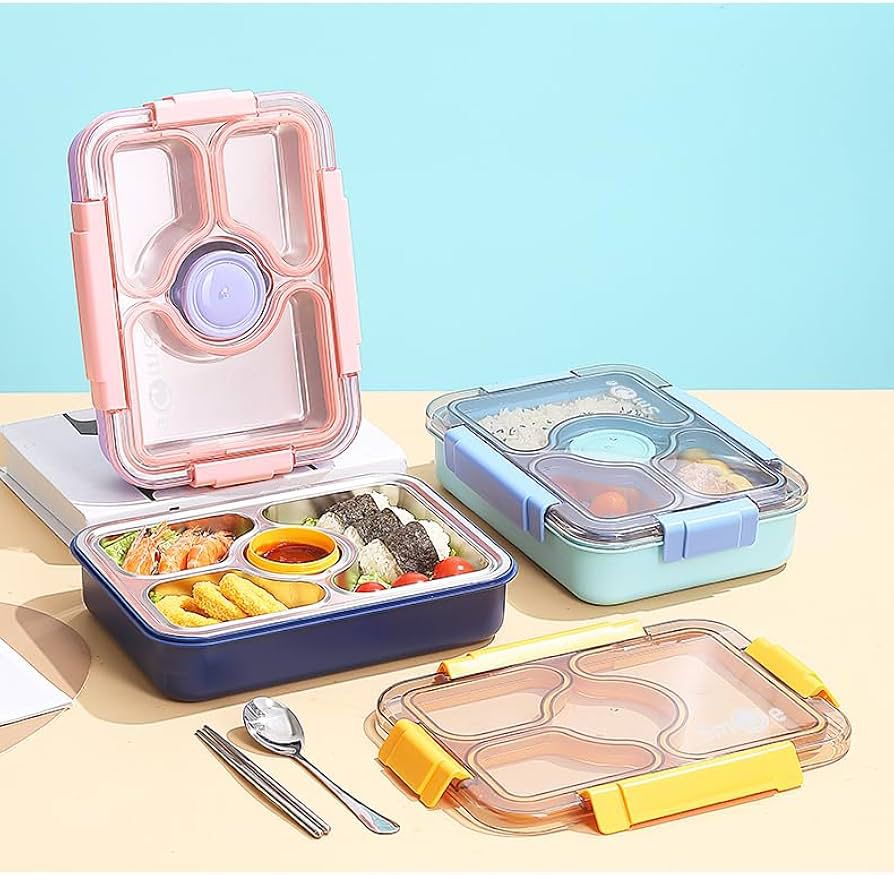 3 Compartment Thermal Insulation Stainless Steel Lunch Box for Kids, Tiffin Box, with Spoon and Fork Lid Leak Proof, Lunch Box for Office